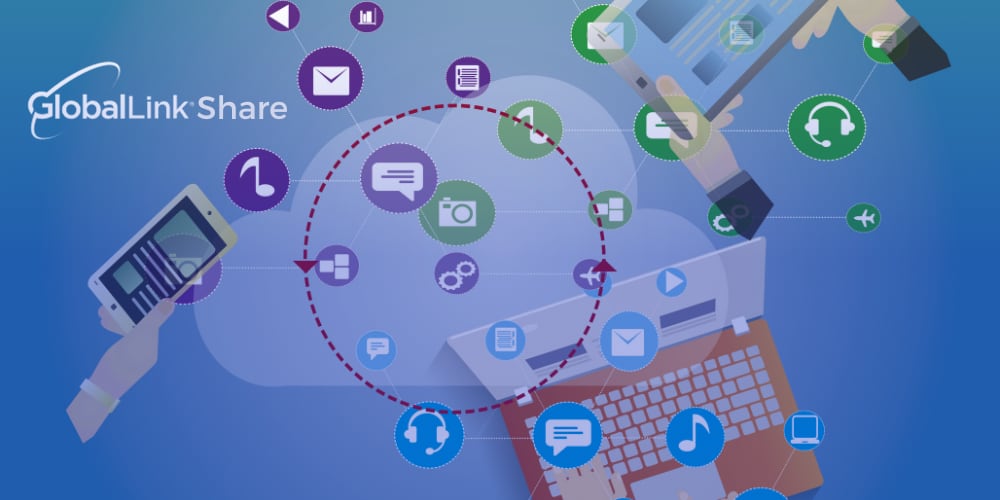 Illustrated graphic of laptops, a mobile phone, and various icons (speech bubbles, email icons, headset icons, etc.).